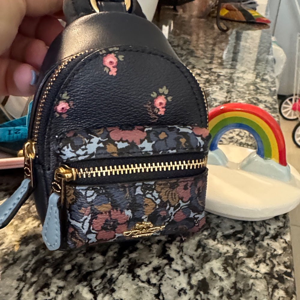 Coach Floral Mini Backpack Key Holder - Black and Pink